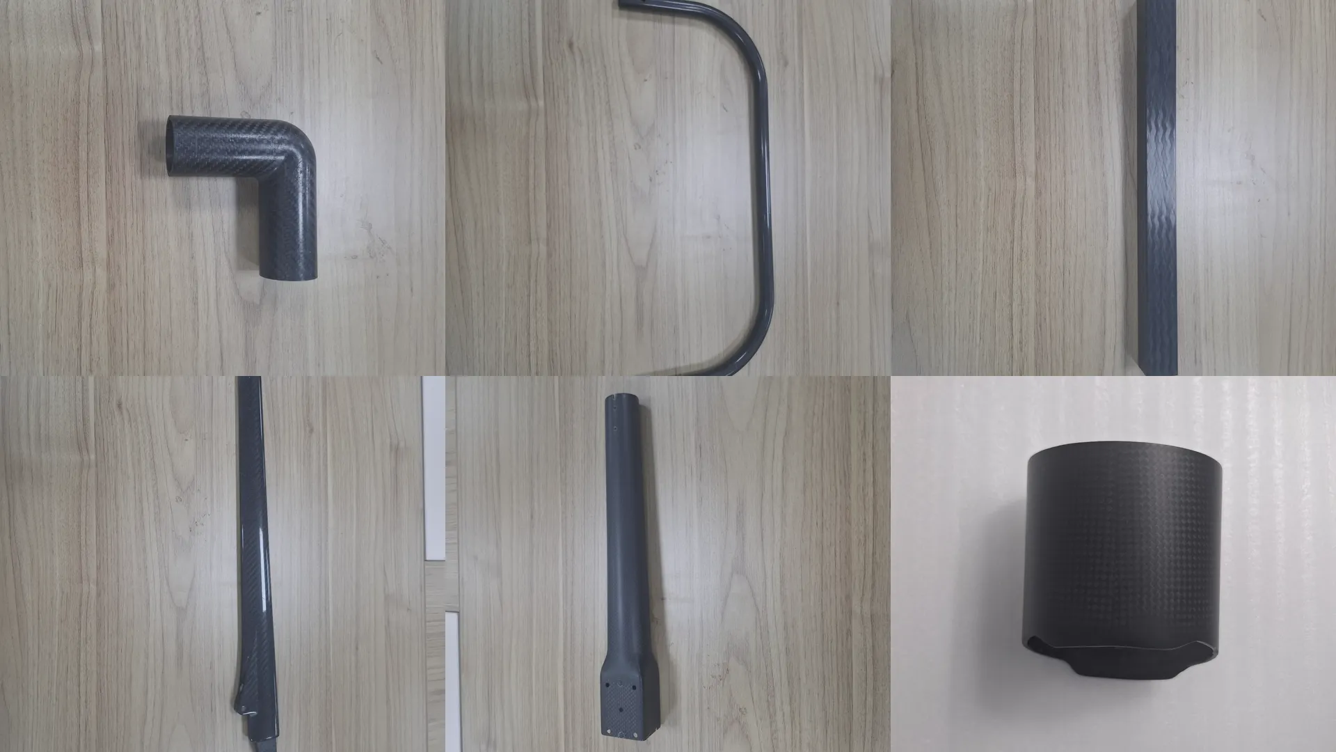 Machined carbon fiber tubes, plates and custom profiles showing typical carbon fiber shapes